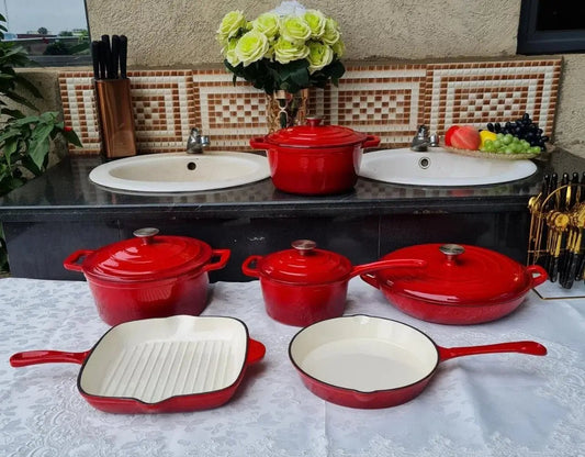 11pc Enamelled Cast Iron Casserole Pot – Heavy Duty Cooking Dutch Oven - enkajihomestore
