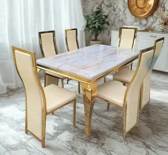 6 Seater Marble Top Dining Table Set – Modern Dining Room Furniture