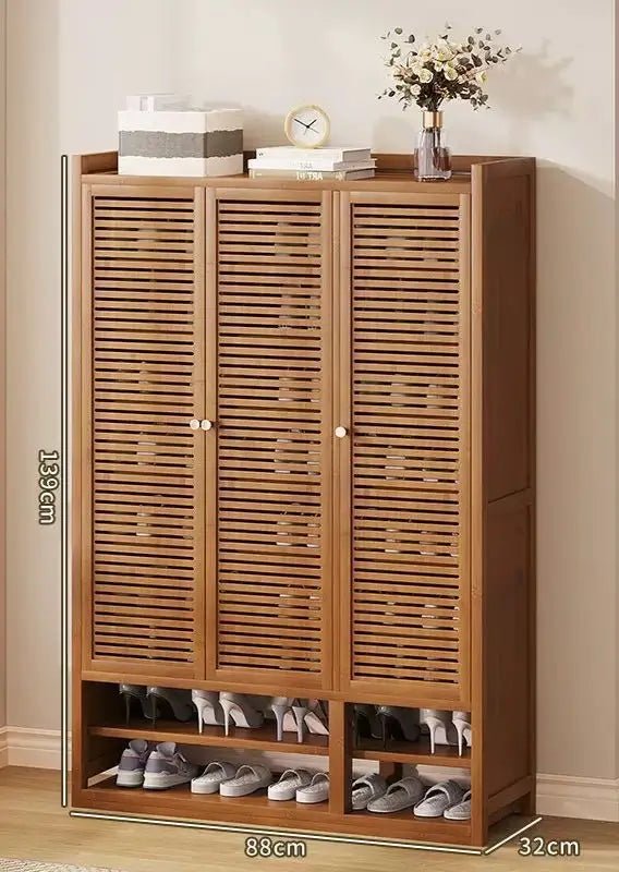 Wooden Shoe Storage Cabinet – Slim Louvered Door Organizer - enkajihomestore