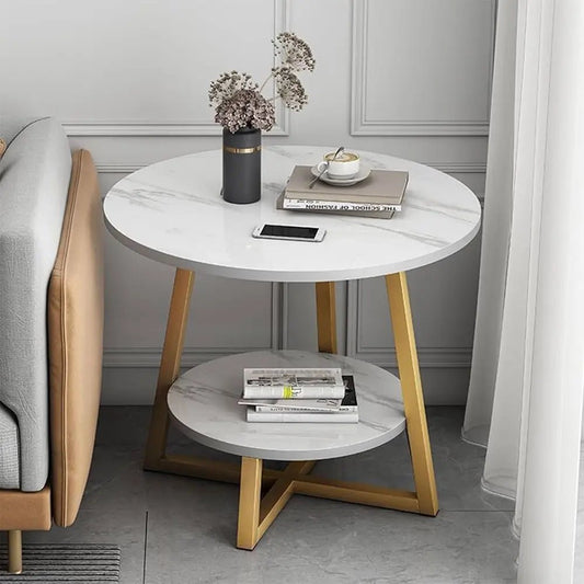 2 - Tier Round Side Table with Marble - Effect Top - enkajihomestore