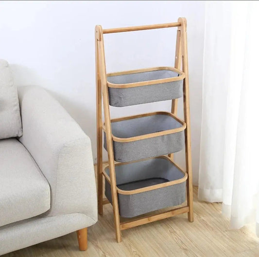 3 - Tier Bamboo Ladder Storage Rack with Fabric Baskets – Freestanding Organiser for Bathroom, Bedroom and Laundry - enkajihomestore