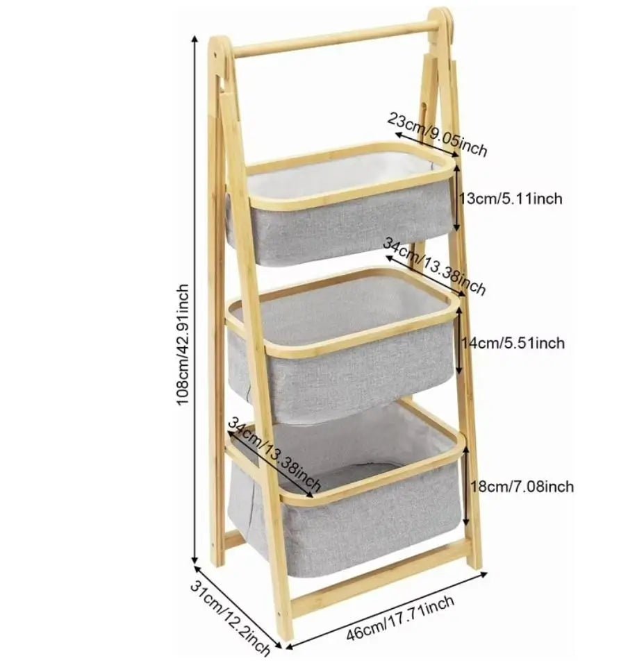3 - Tier Bamboo Ladder Storage Rack with Fabric Baskets – Freestanding Organiser for Bathroom, Bedroom and Laundry - enkajihomestore