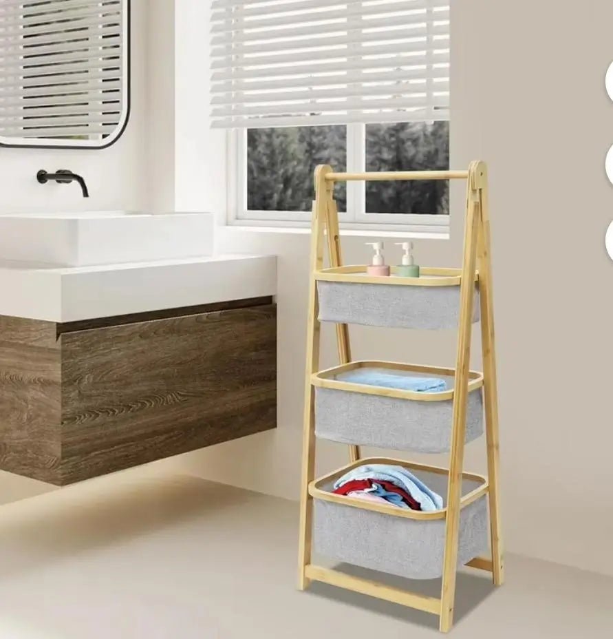 3 - Tier Bamboo Ladder Storage Rack with Fabric Baskets – Freestanding Organiser for Bathroom, Bedroom and Laundry - enkajihomestore