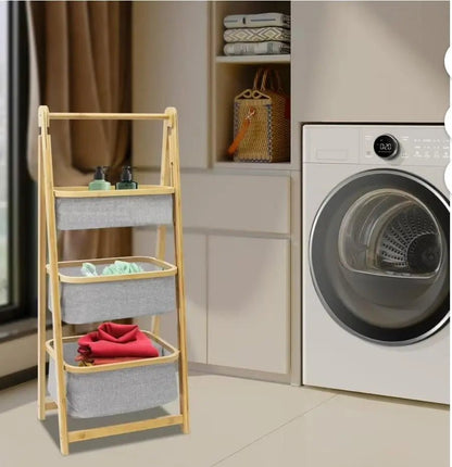3 - Tier Bamboo Ladder Storage Rack with Fabric Baskets – Freestanding Organiser for Bathroom, Bedroom and Laundry - enkajihomestore