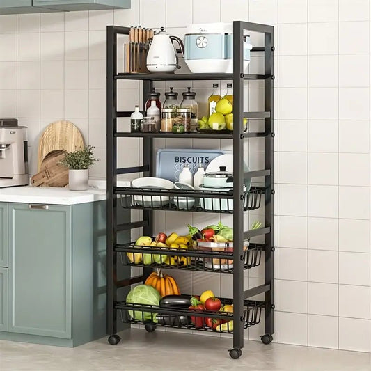 6 - Tier Kitchen Storage Rack with Wheels – 60×33×127cm Rolling Trolley with Wire Baskets and Solid Shelves - enkajihomestore
