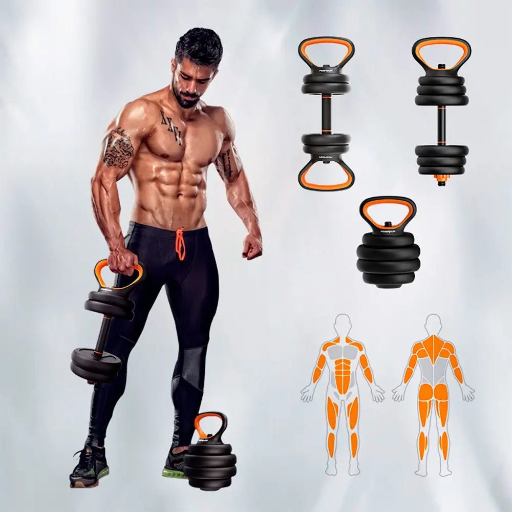 Adjustable Dumbbells Set with Barbell and Kettlebell – 30kg 6 - in - 1 Free Weights Kit - enkajihomestore
