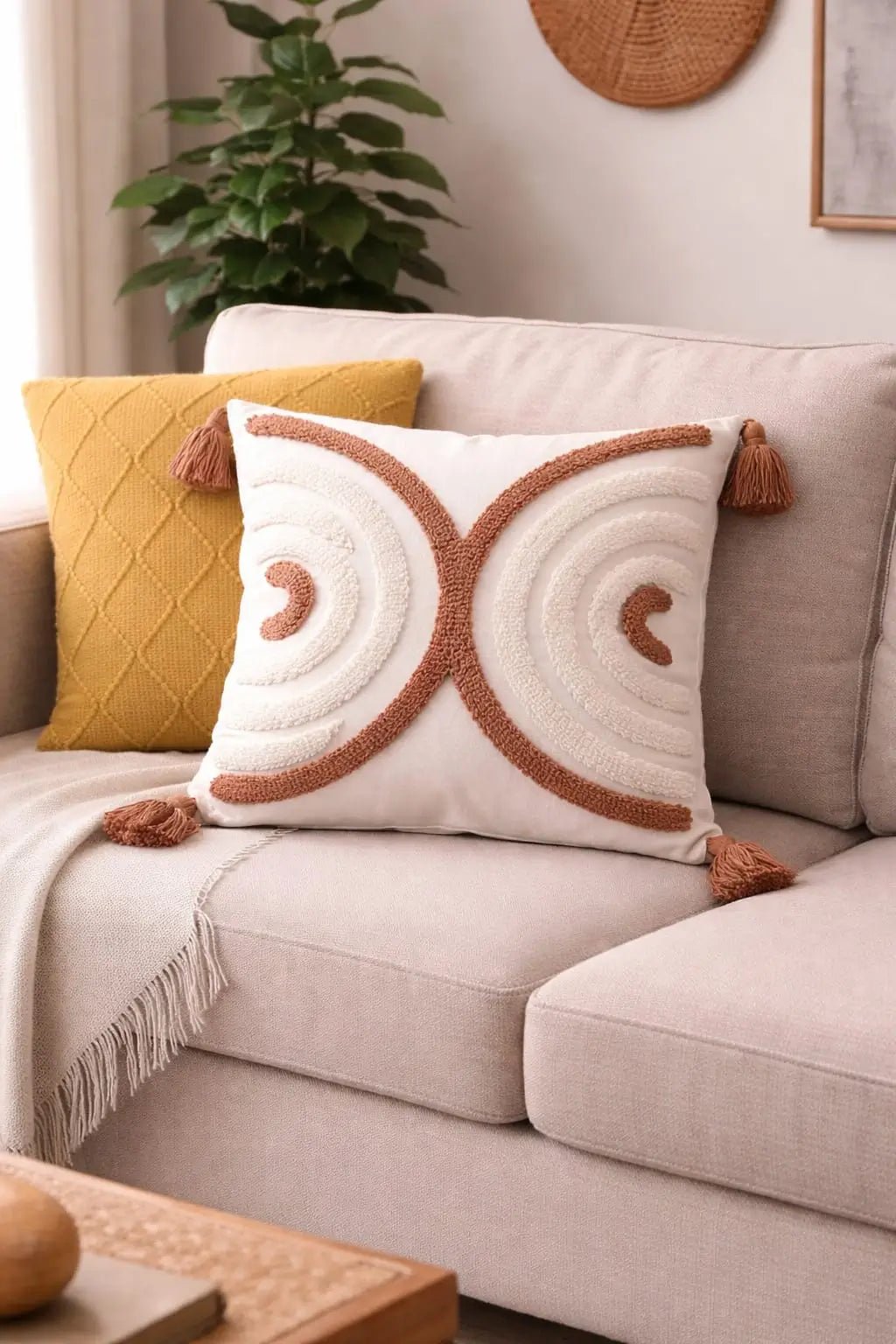 Boho Tufted Cushion Cover with Tassels – Spiral Embroidered Throw Pillow Cover for Sofa and Bedroom - enkajihomestore
