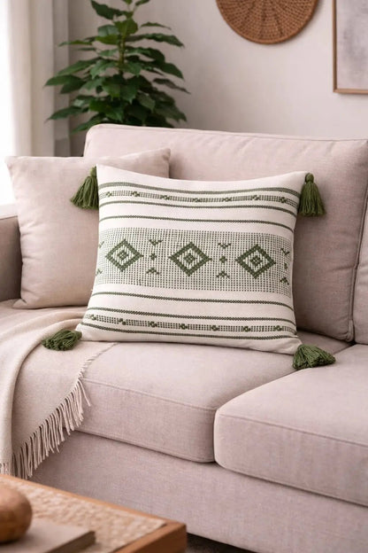 Boho Tufted Cushion Cover with Tassels – Spiral Embroidered Throw Pillow Cover for Sofa and Bedroom - enkajihomestore