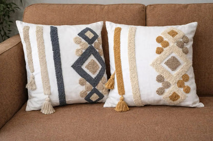 Boho Tufted Cushion Cover with Tassels – Spiral Embroidered Throw Pillow Cover for Sofa and Bedroom - enkajihomestore