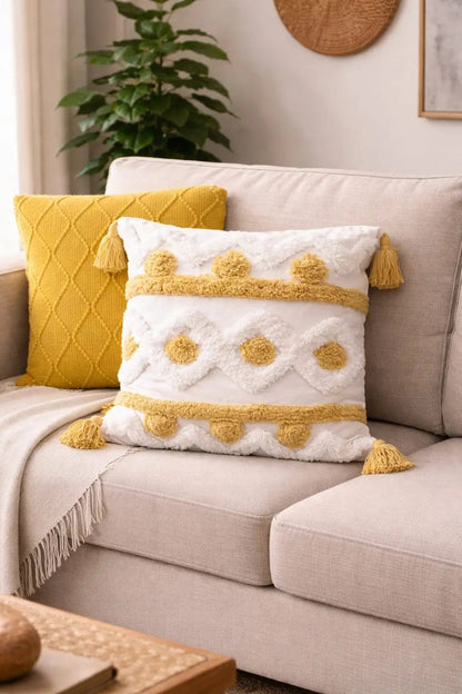 Boho Tufted Cushion Cover with Tassels – Spiral Embroidered Throw Pillow Cover for Sofa and Bedroom - enkajihomestore