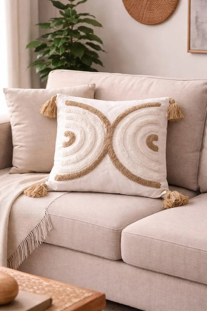 Boho Tufted Cushion Cover with Tassels – Spiral Embroidered Throw Pillow Cover for Sofa and Bedroom - enkajihomestore