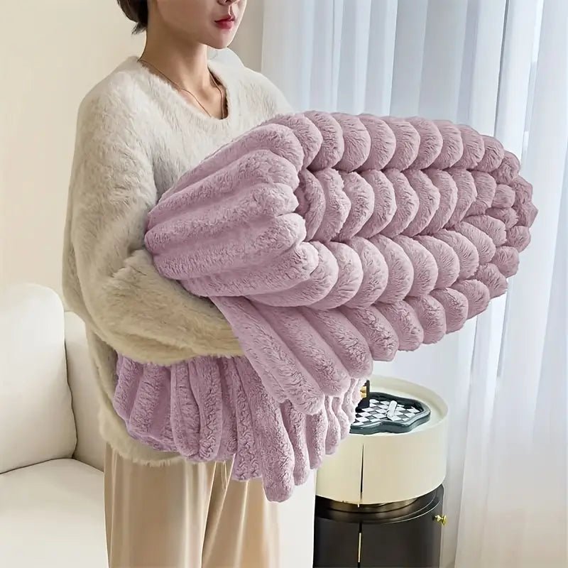 Faux Rabbit Fur Throw Blanket – Luxury Ribbed Plush Blanket for Sofa, Bed and Home - enkajihomestore