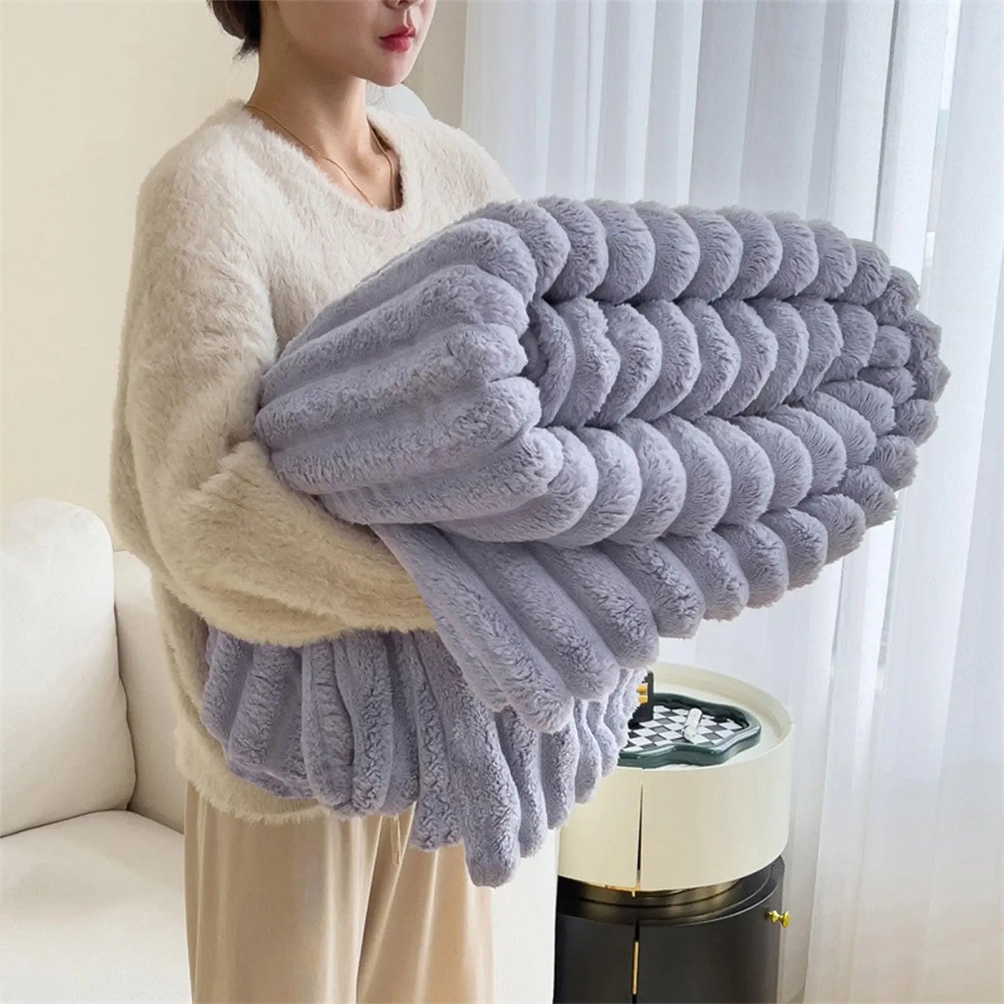 Faux Rabbit Fur Throw Blanket – Luxury Ribbed Plush Blanket for Sofa, Bed and Home - enkajihomestore