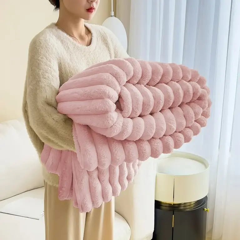 Faux Rabbit Fur Throw Blanket – Luxury Ribbed Plush Blanket for Sofa, Bed and Home - enkajihomestore