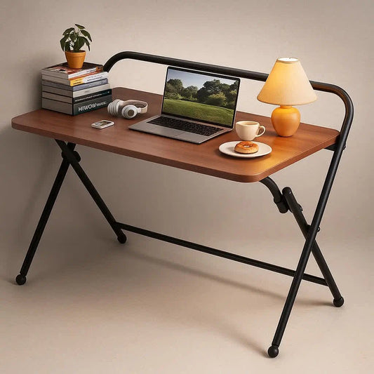 Foldable Study Desk with Rear Rail – Home Office and Laptop Table with Metal X - Frame - enkajihomestore