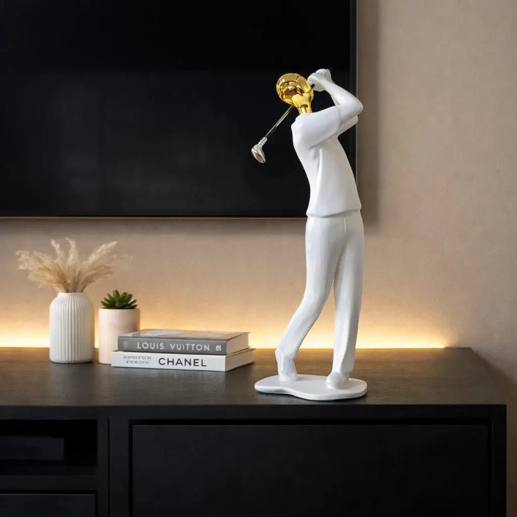 Golf Player Sculpture – Luxury Resin Golfer Figurine with Gold Accent for Home Décor - enkajihomestore
