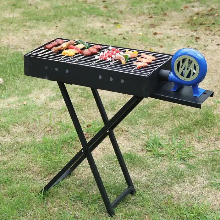 Large Charcoal BBQ Grill with Hand Blower – Folding X - Stand Outdoor Barbecue Grill - enkajihomestore