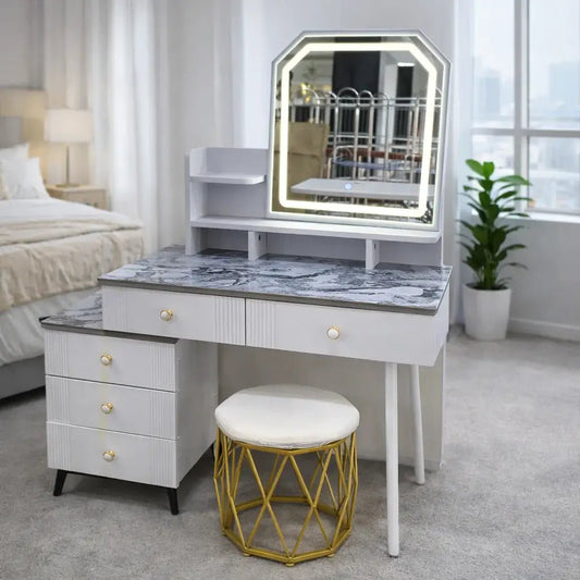 Marble Vanity Set with Mirror – Modern Dressing Table with Storage - enkajihomestore