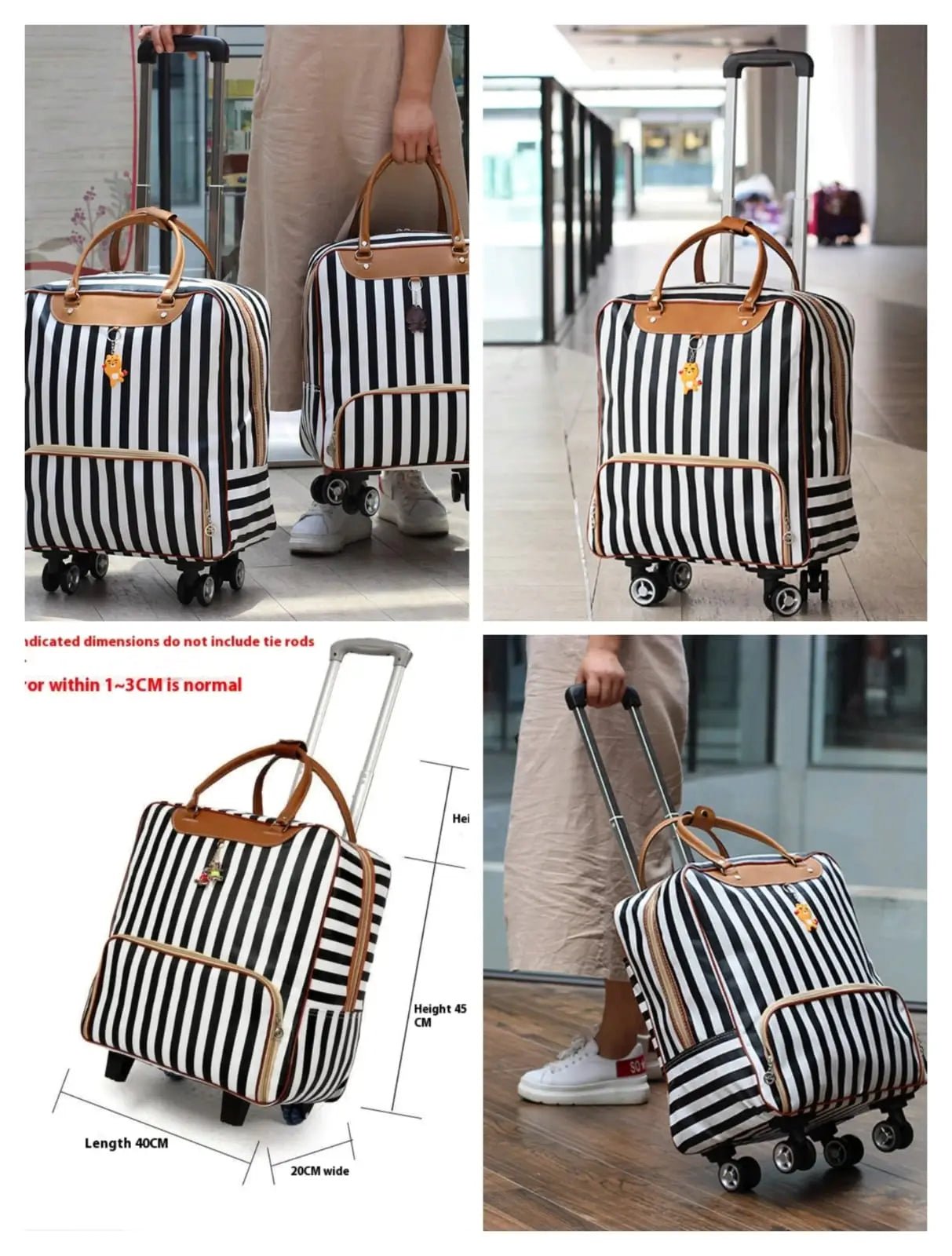 Striped Wheeled Travel Trolley Bag – 4 - Wheel Spinner Carry - On Duffle Bag with Retractable Handle, 40x20x45cm - enkajihomestore