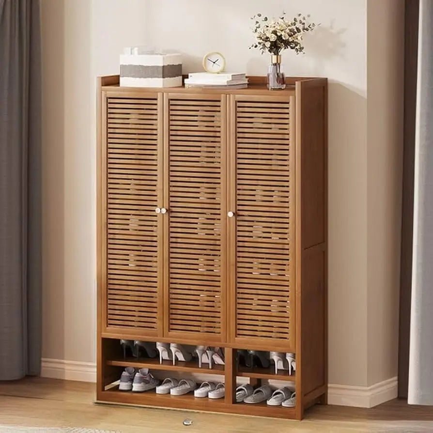 Wooden Shoe Storage Cabinet – Slim Louvered Door Organizer - enkajihomestore