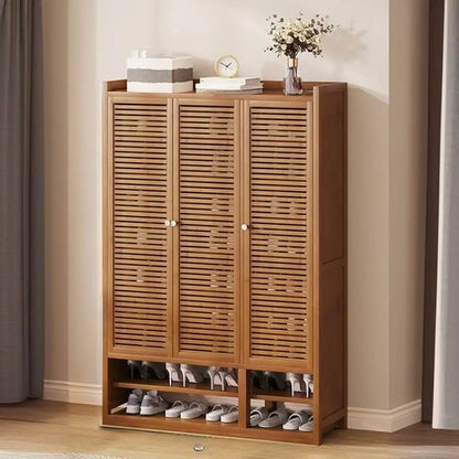 Wooden Shoe Storage Cabinet – Slim Louvered Door Organizer - enkajihomestore