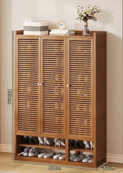 Wooden Shoe Storage Cabinet – Slim Louvered Door Organizer - enkajihomestore